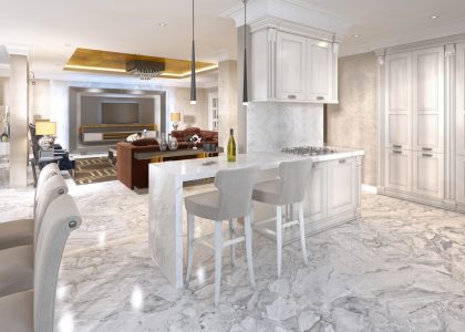 Bar,Counter,With,Bar,Chairs,In,Luxurious,Kitchen,In,The